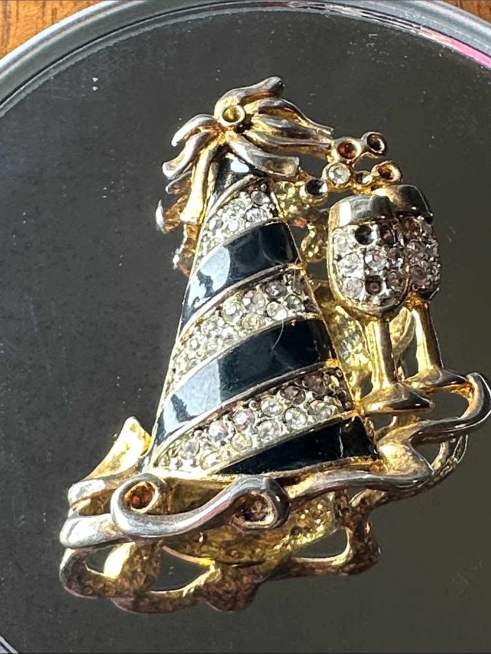 Vintage Gold-Tone Black & Crystal Party Hat Brooch - Unbranded